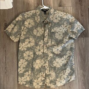 RVCA Gray and Cream Casual Button Down Shirt with Floral Design